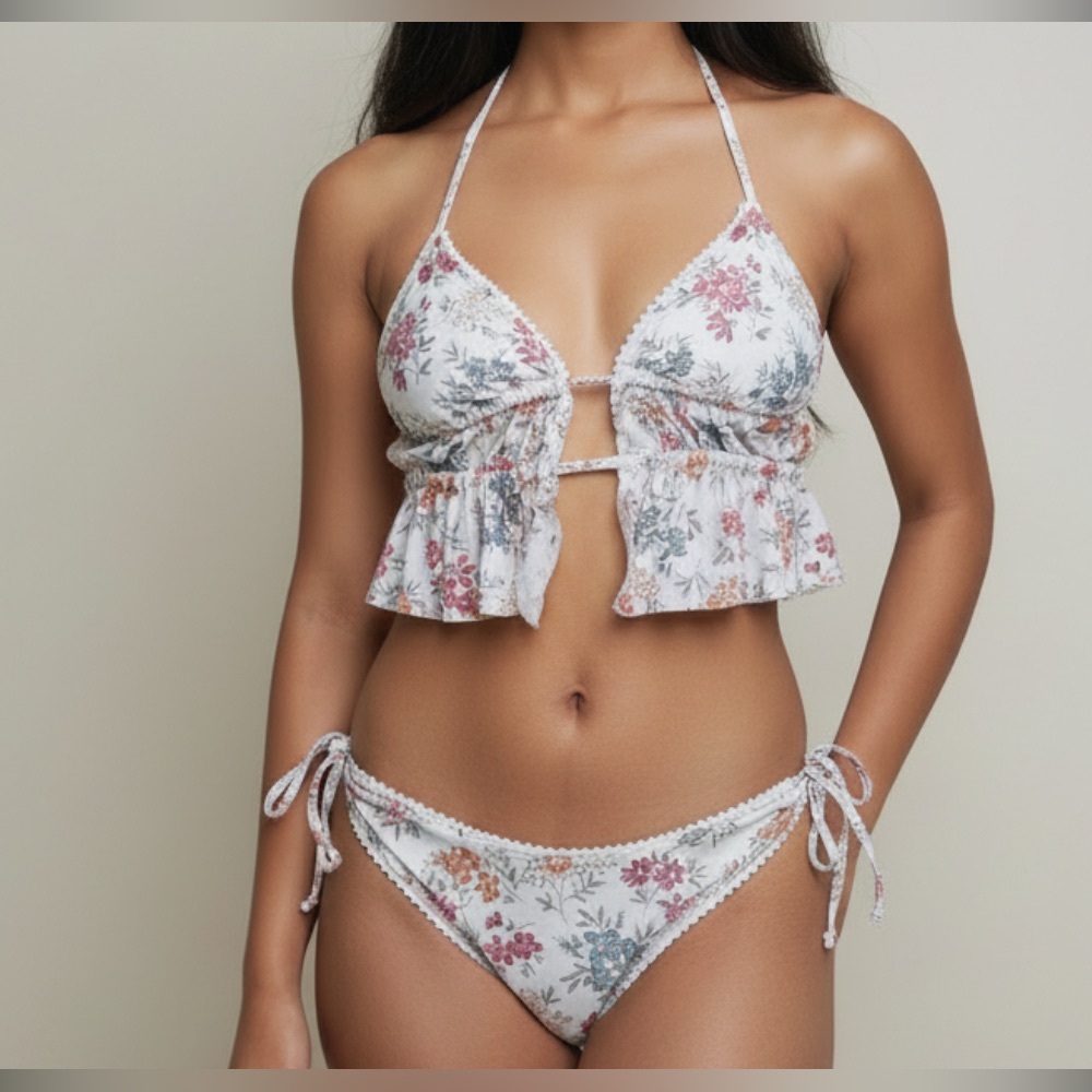 Floral Ruffle Tie-Front Halter Bikini Set - White Multi